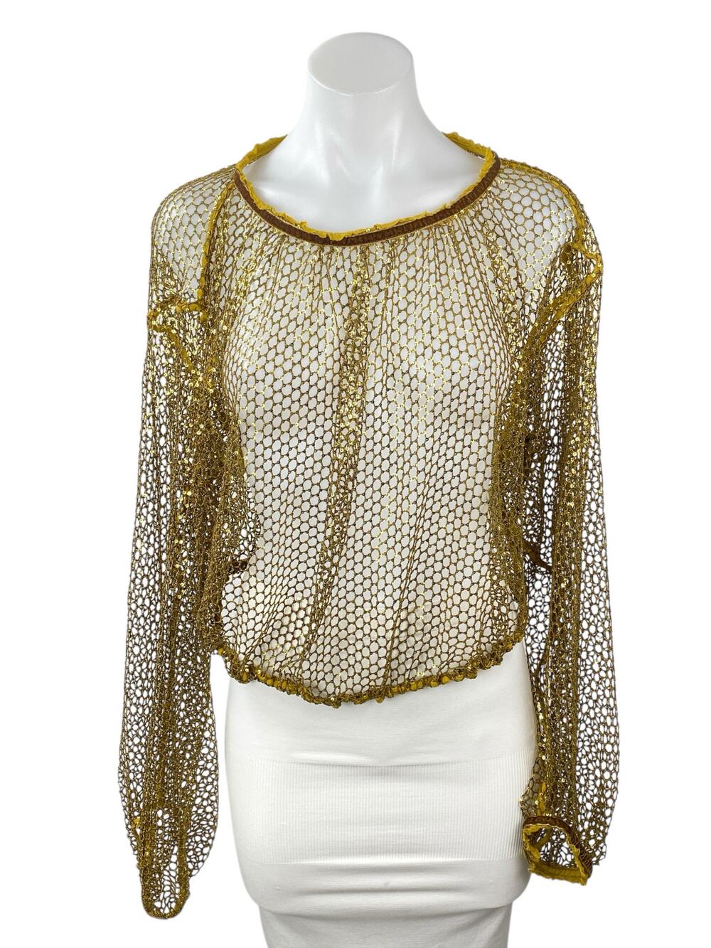 Free People Sparks Fly Women's Sequin Sheer Mesh Net Long Sleeve Blouse Top XS
